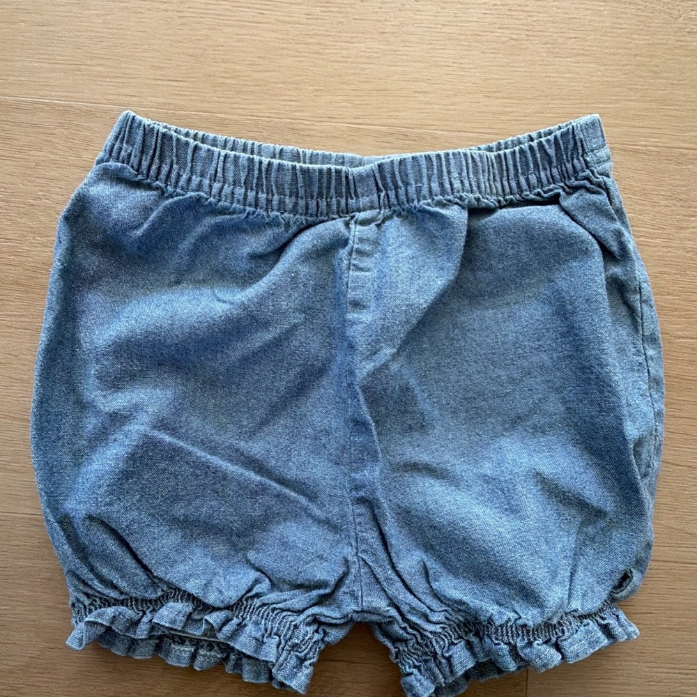 Chambray Ruffle Hem Elastic Waist Shorts - Blue